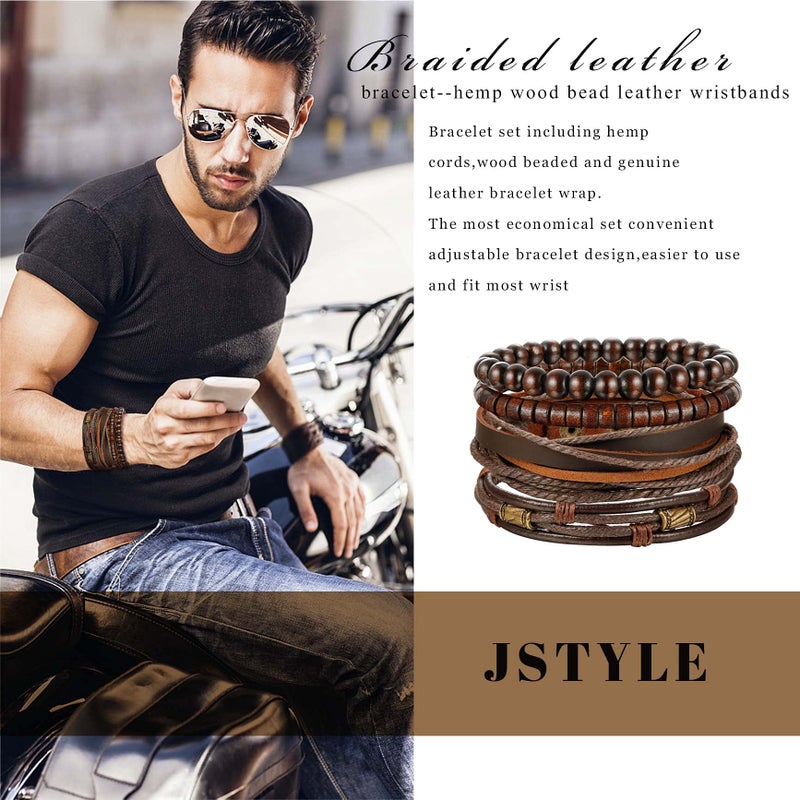 Jstyle 4Pcs Braided Leather Bracelet for Women Mens Cuff Bead Bracelet Set Adjustable Brown - Image 5